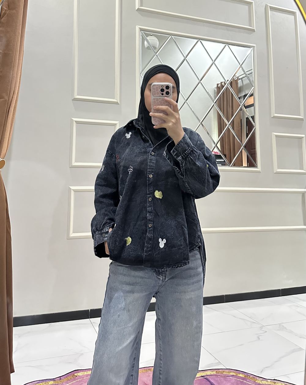 Kemeja high low Jeans Mickey - warna Ash Black
