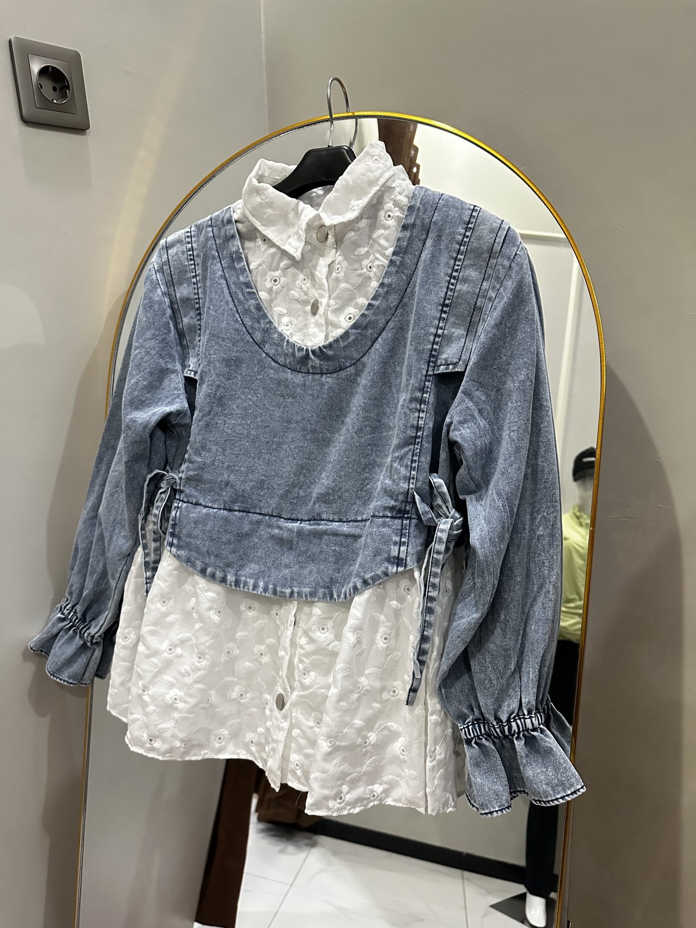 Blouse jeans mix brukat tali - warna Denim Medium wash